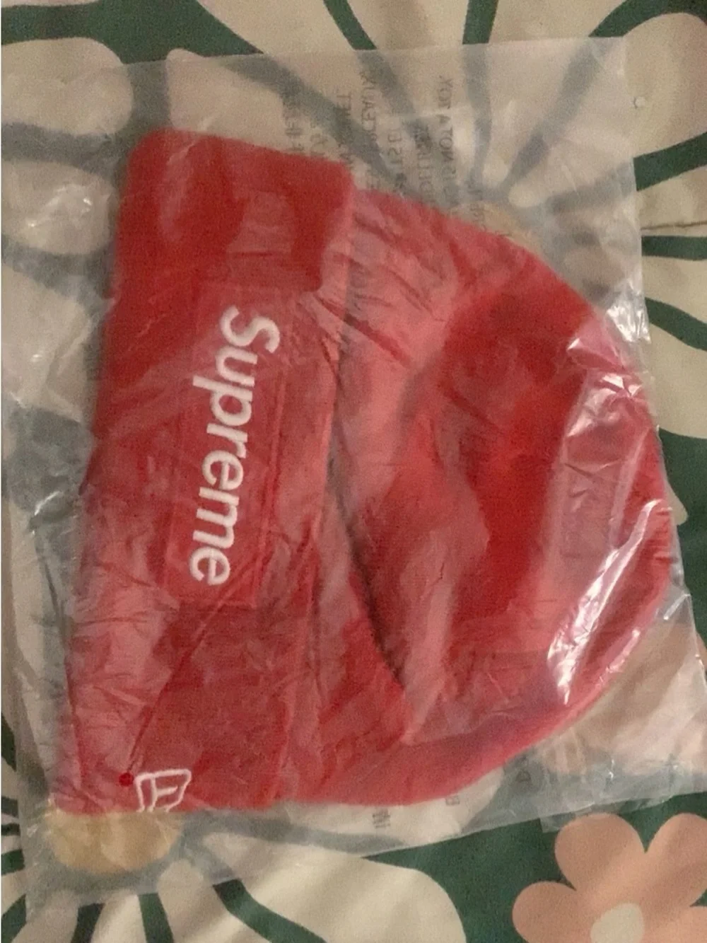 Supreme Red and Black Beanie with White Logo Patch